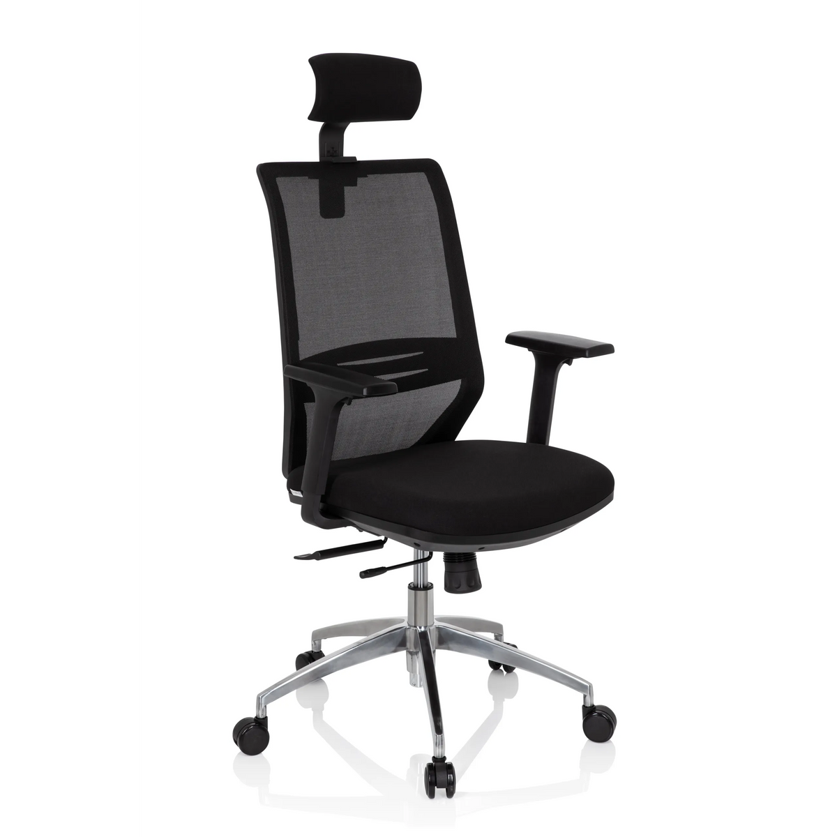 Black Professional Office Chair PROFONDO PRO with mesh back, headrest and five-caster base by hjh OFFICE – 360-degree view (front three-quarter view 40°)