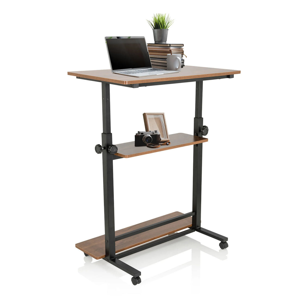 Standing desk WORKSTATION II in black and walnut with two storage shelves and castors by hjh OFFICE