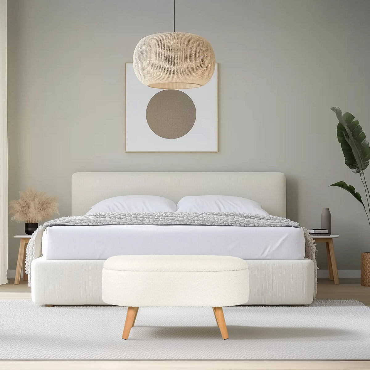 White STORIANO bench with fabric cover and four light wood legs by hjh LIVING