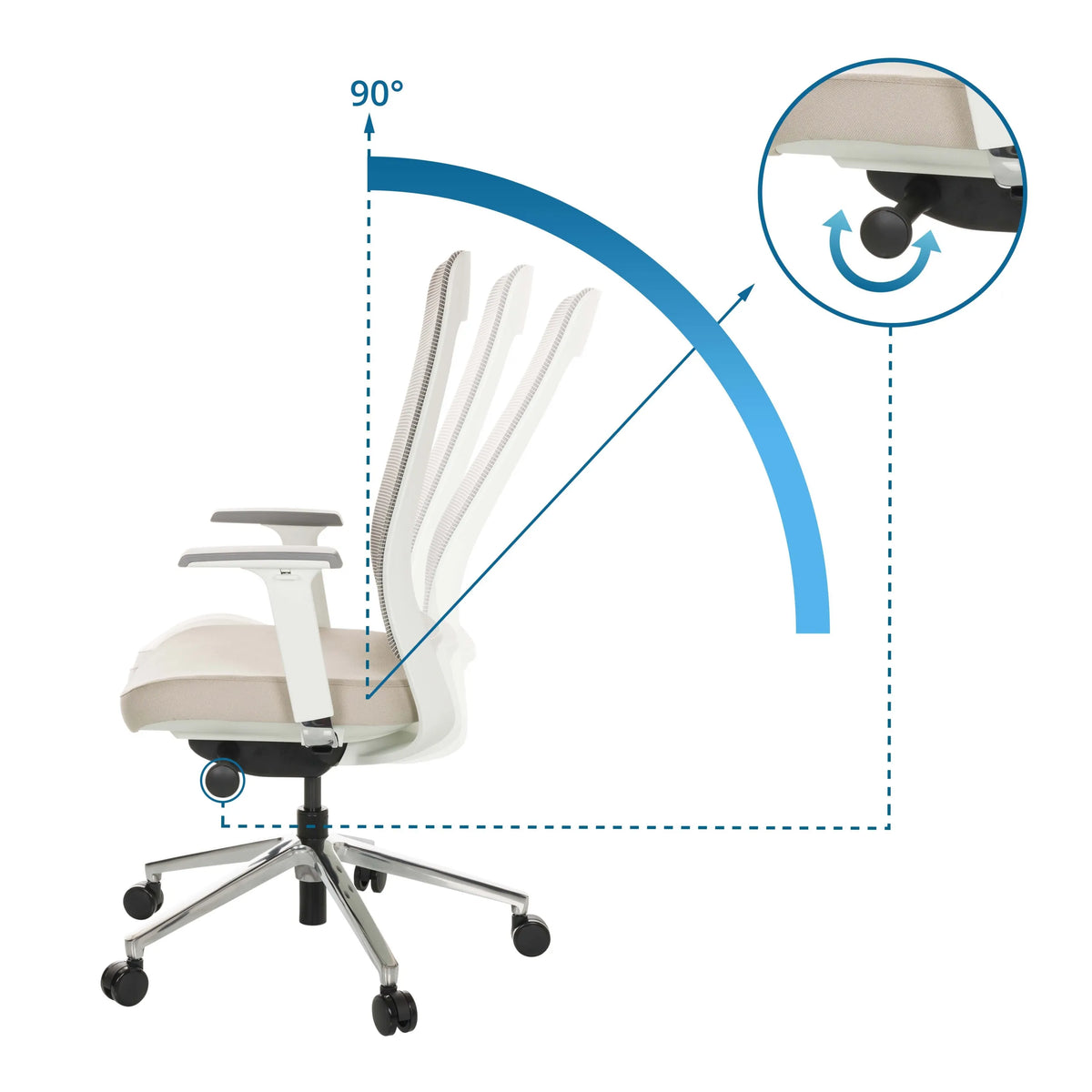 Adjustable backrest of the Professional Office Chair CHIARO T2 WHITE with a tilt angle of up to 90° by hjh OFFICE