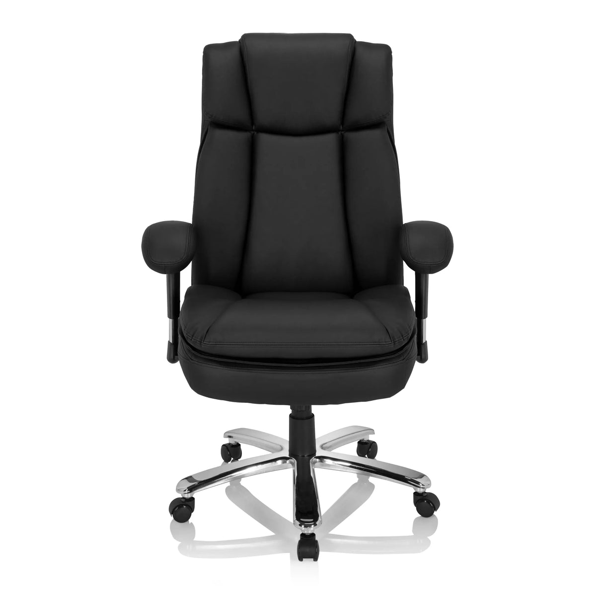 Black Swivel Chair BUILDER XXL I made of faux leather with star base and five castors by hjh OFFICE – 360-degree view (front view 0°)