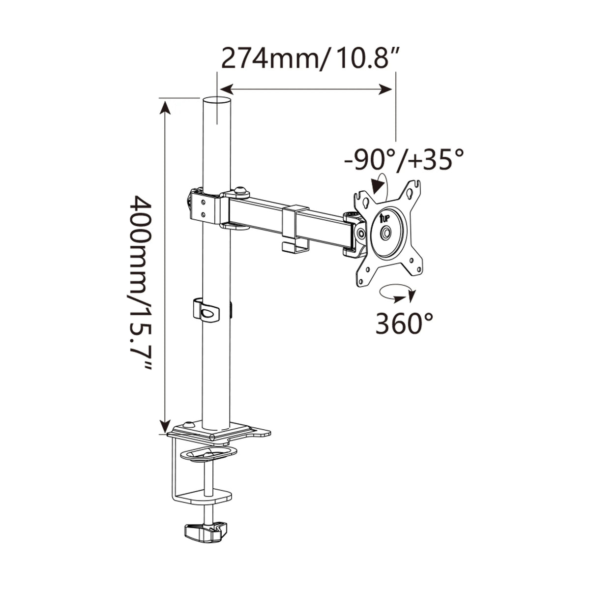 Technical drawing of the Monitor Mount Ergomount M1 with a height of 400 mm by hjh OFFICE