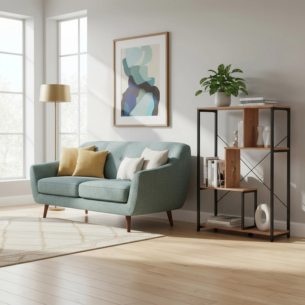 Kalag Eco shelf in black and oak with an open metal frame and wooden shelves in a living room by hjh LIVING