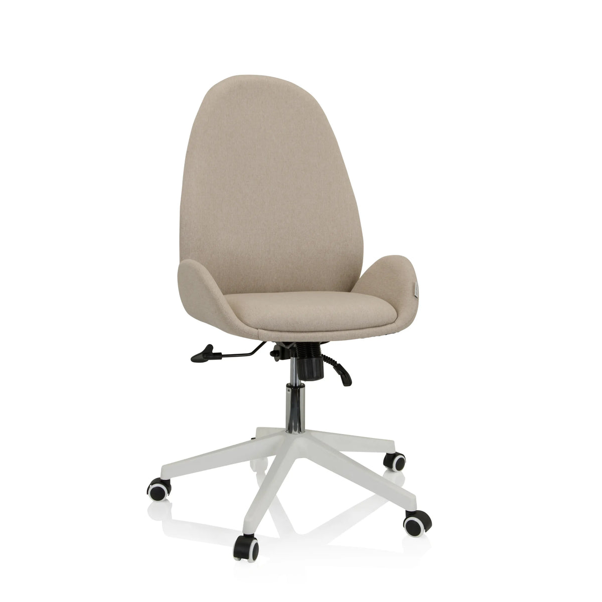 Beige AVEA I home office chair with armrests and a white five-caster base by hjh OFFICE – 360-degree view (front view 20°)
