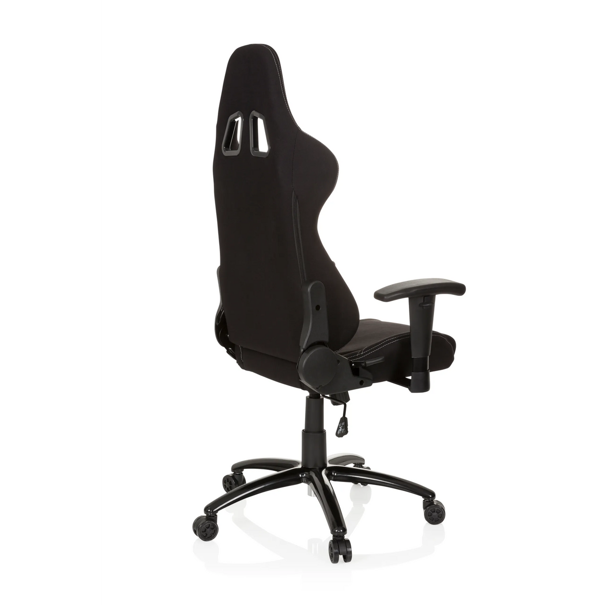 Black Gaming chair GAME FORCE with headrest, armrests and five-caster base by hjh OFFICE – 360-degree view (rear three-quarter view 120°)