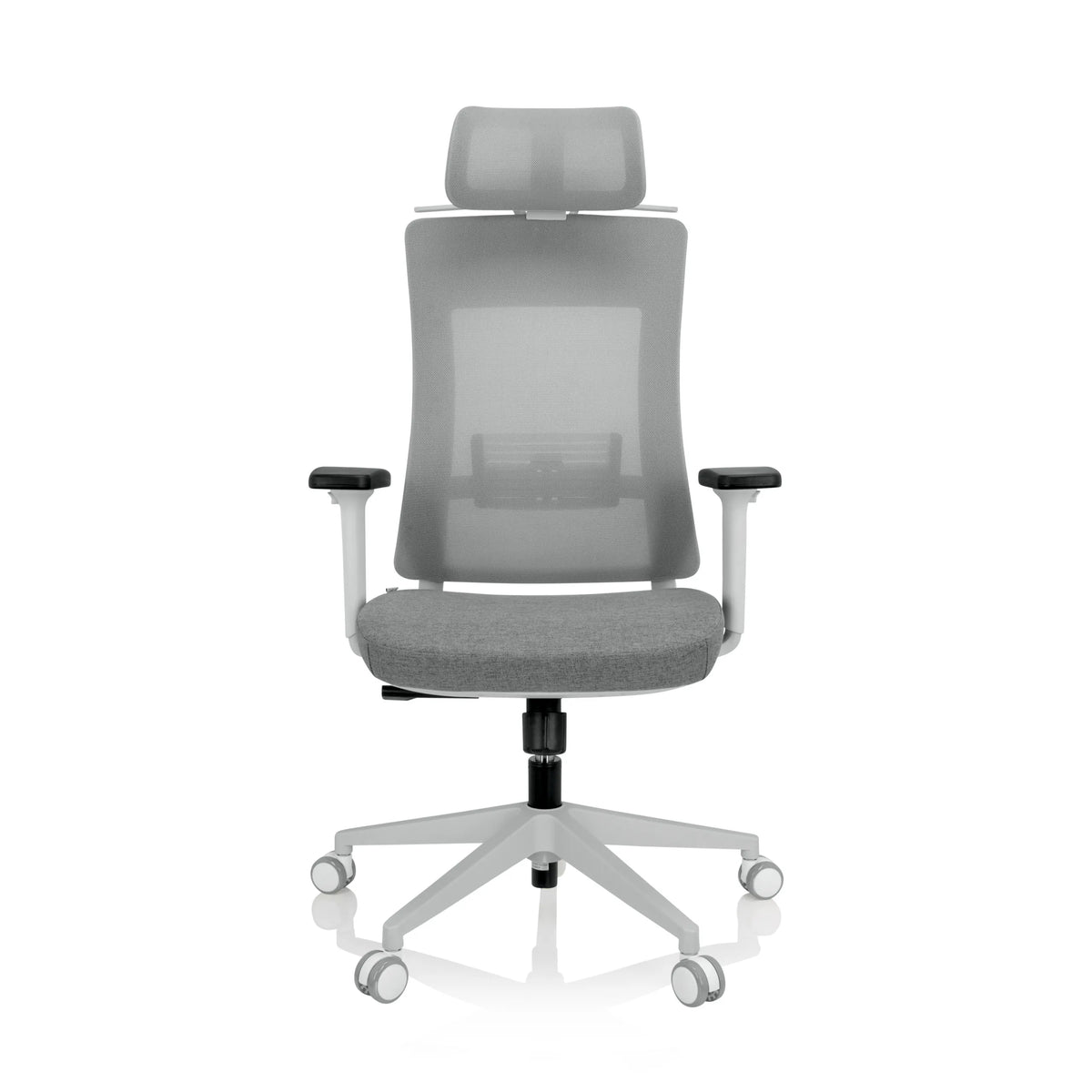 Grey Professional Office Chair COMFIO WMH with mesh back, headrest and five-caster base by hjh OFFICE – 360-degree view (front view 0°)