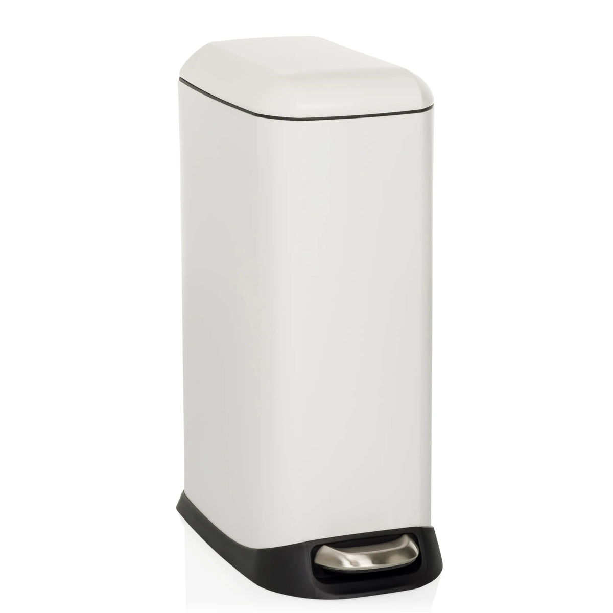 White CLEAN SLIM wastepaper bin with foot pedal and rounded lid by hjh OFFICE – 360-degree view (front view 15°)