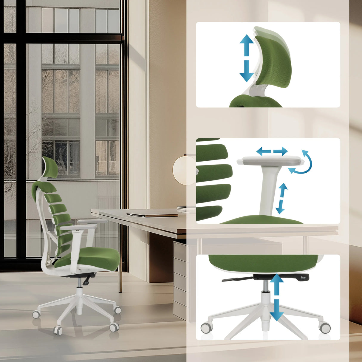 Height-adjustable headrest, armrests and seat of the Professional Office Chair ERGO LINE W in Mystic Forest by hjh OFFICE