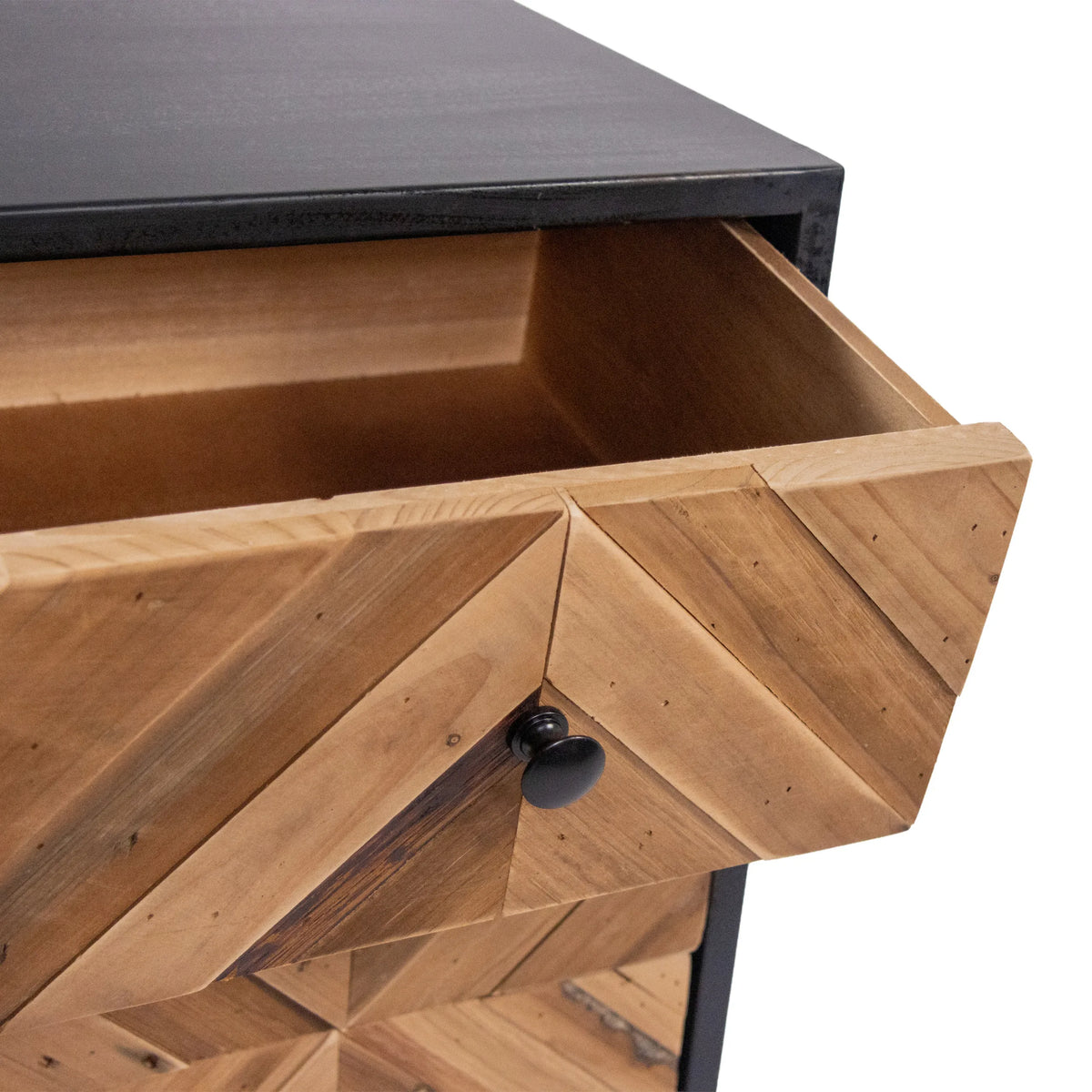 Open drawer with wood front in herringbone look of the Sideboard SANTJAGO BLACK SUN L by hjh LIVING