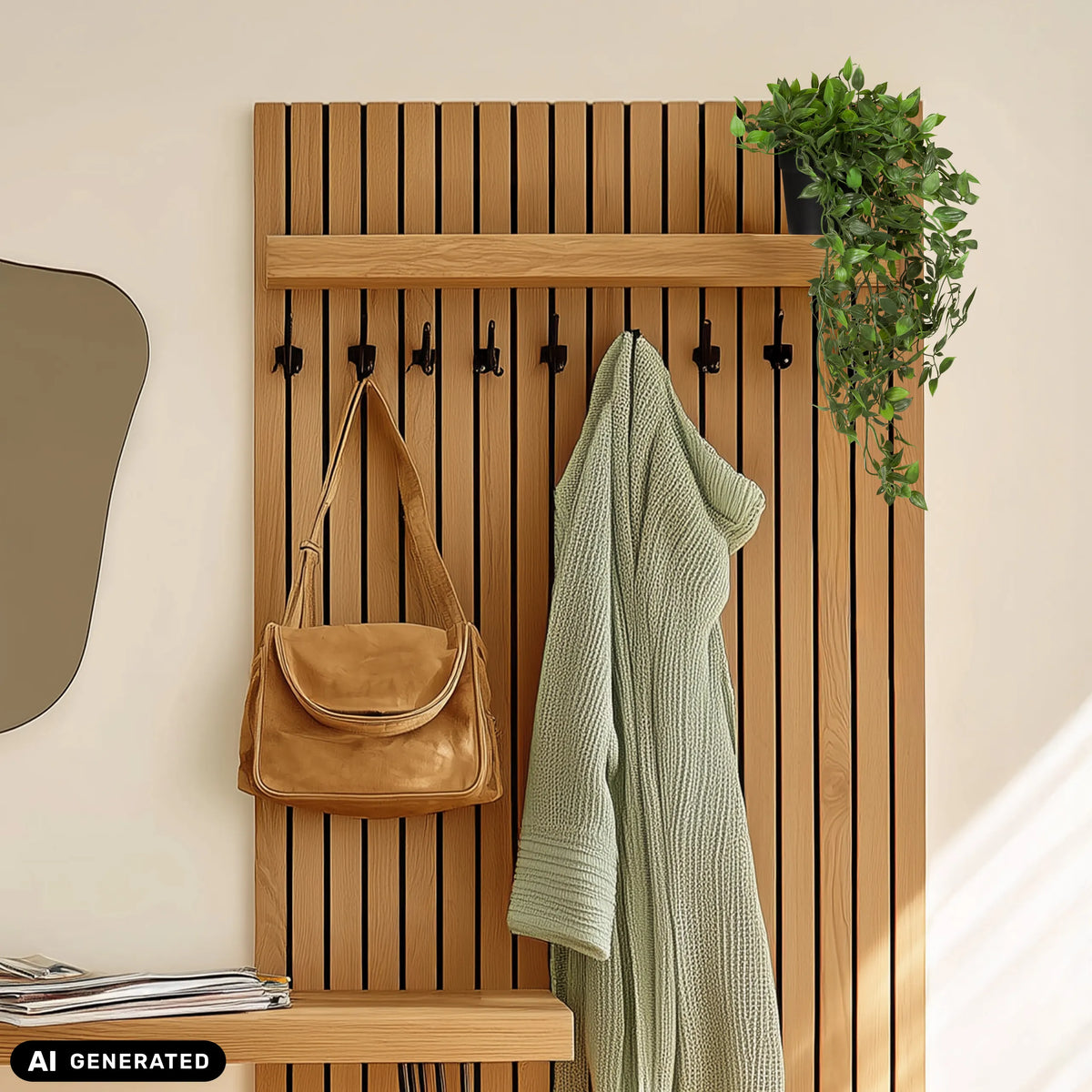 Green artificial plant Epipremnum Climb in a pot on a wooden ledge by hjh OFFICE (AI-generated image)