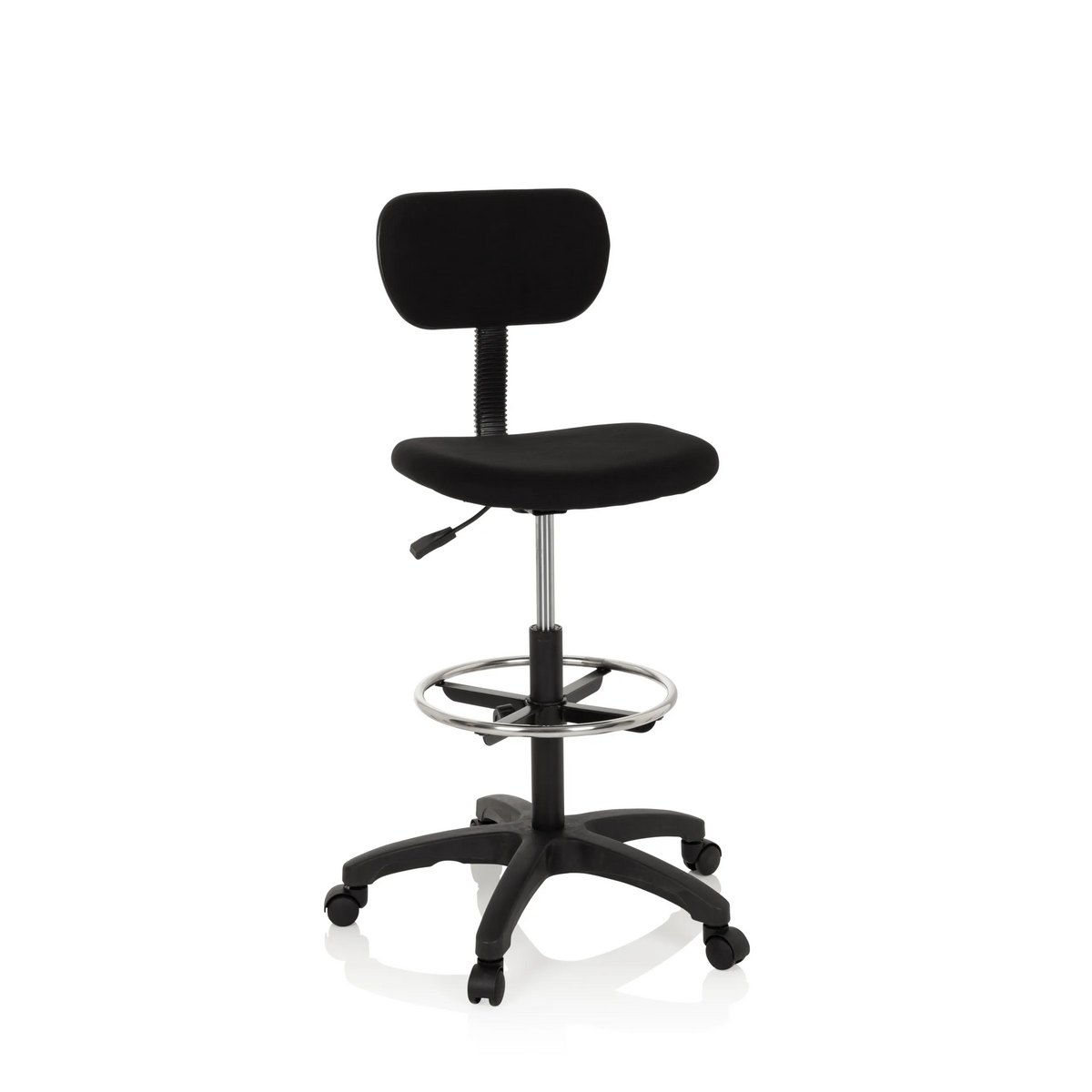 Black Counter chair TOP WORK 05 with foot ring and five-caster base by hjh OFFICE – 360-degree view (front view 20°)
