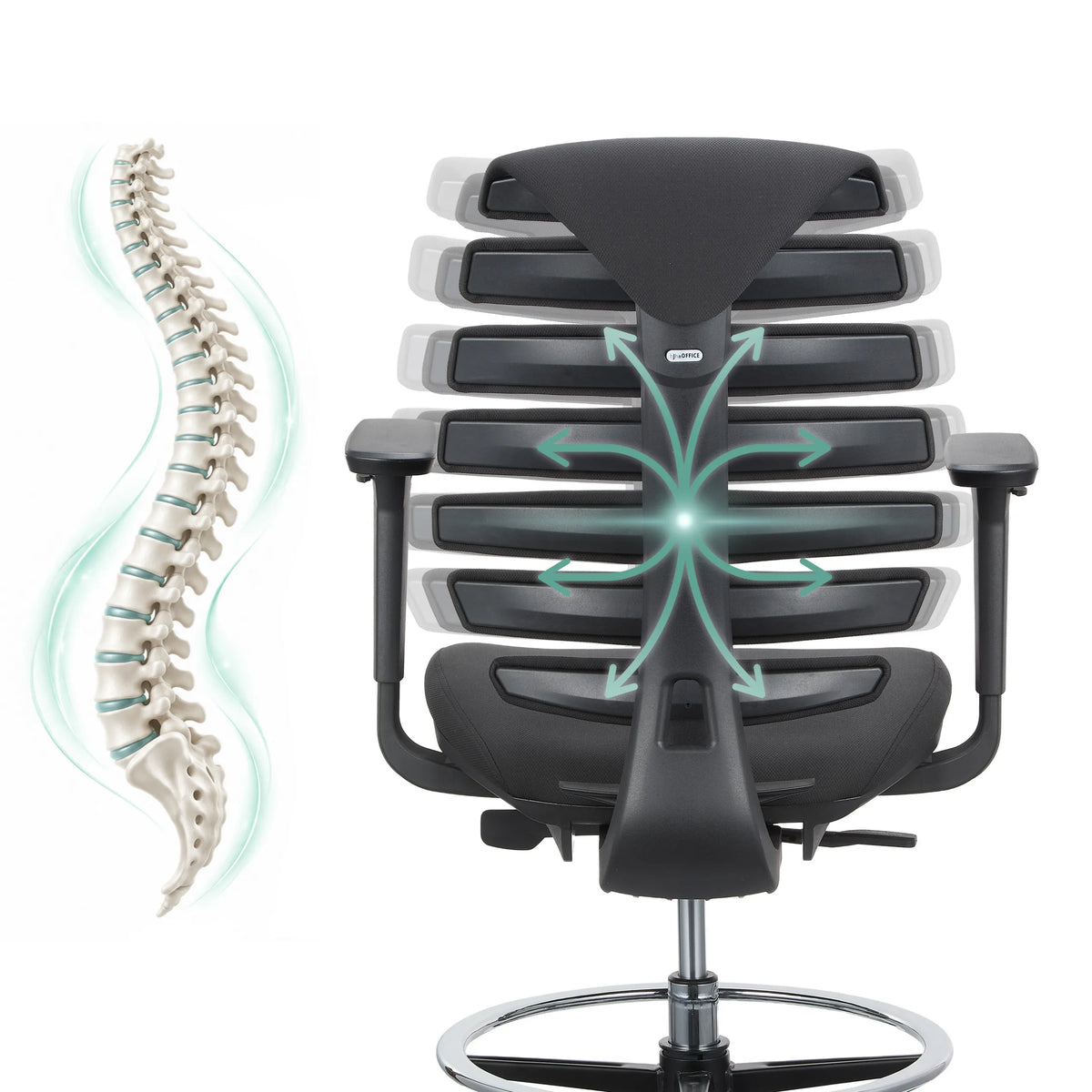 Backrest of the ERGO LINE II WORK counter chair with a schematic representation of the spine by hjh OFFICE