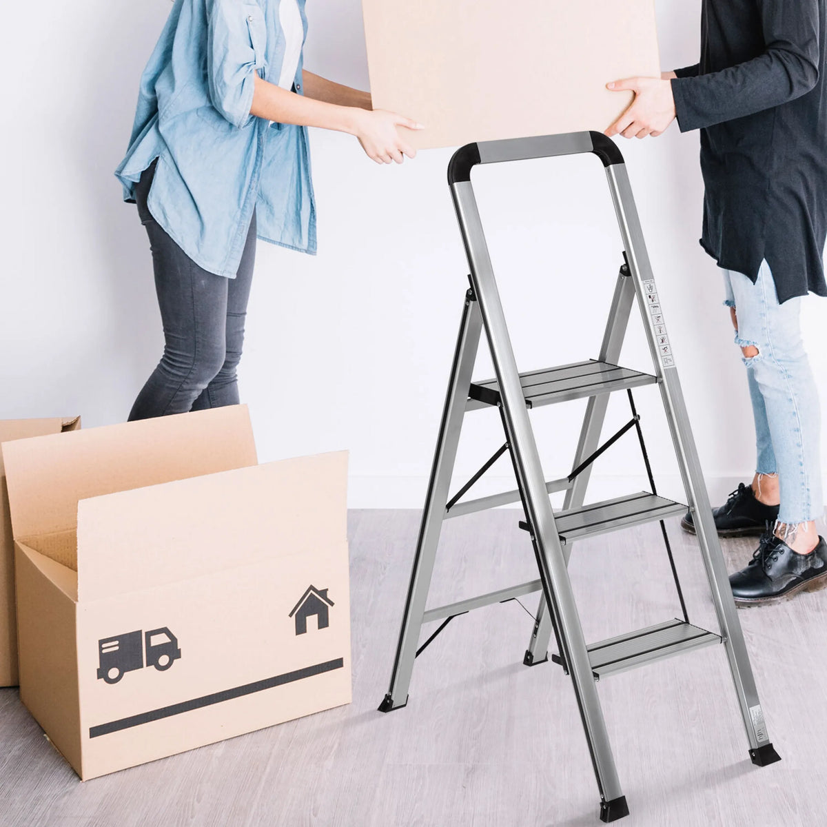 Three-step Folding Ladder SOLID V made of aluminium with safety rail by hjh OFFICE