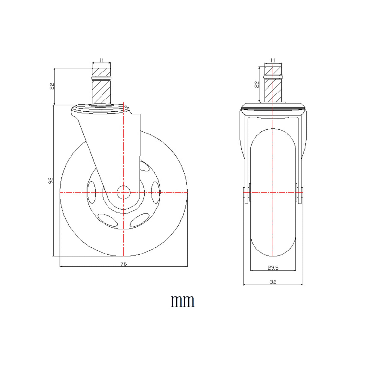 Technical drawing of the 76 mm diameter Castors 5x ROLO SKATE ST 11mm/75mm by hjh OFFICE