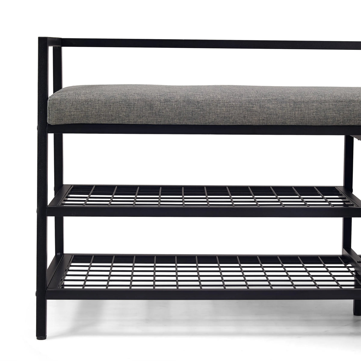 Grey seat and two mesh shelves of the Estha Loft shoe cabinet in black by hjh LIVING