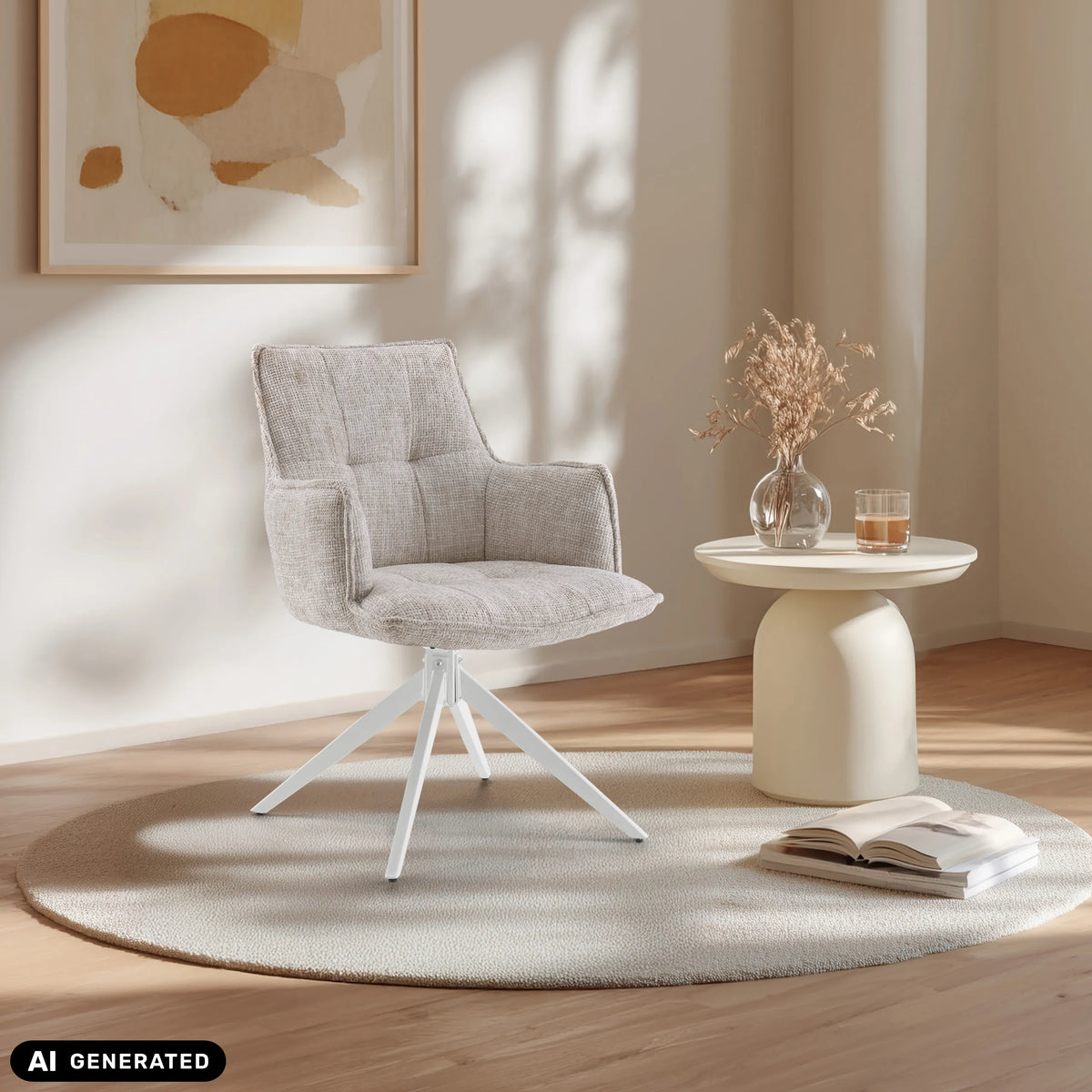 Beige Tavaro dining chair with white star base on a round rug by hjh LIVING (AI-generated image)