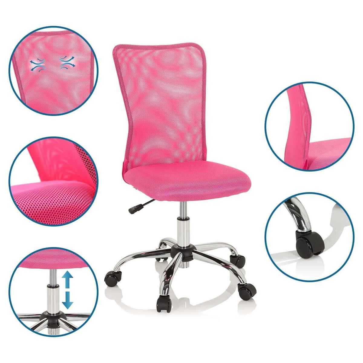 Pink children's swivel chair KIDDY NET I with mesh back, adjustable height and glossy base on castors by hjh OFFICE
