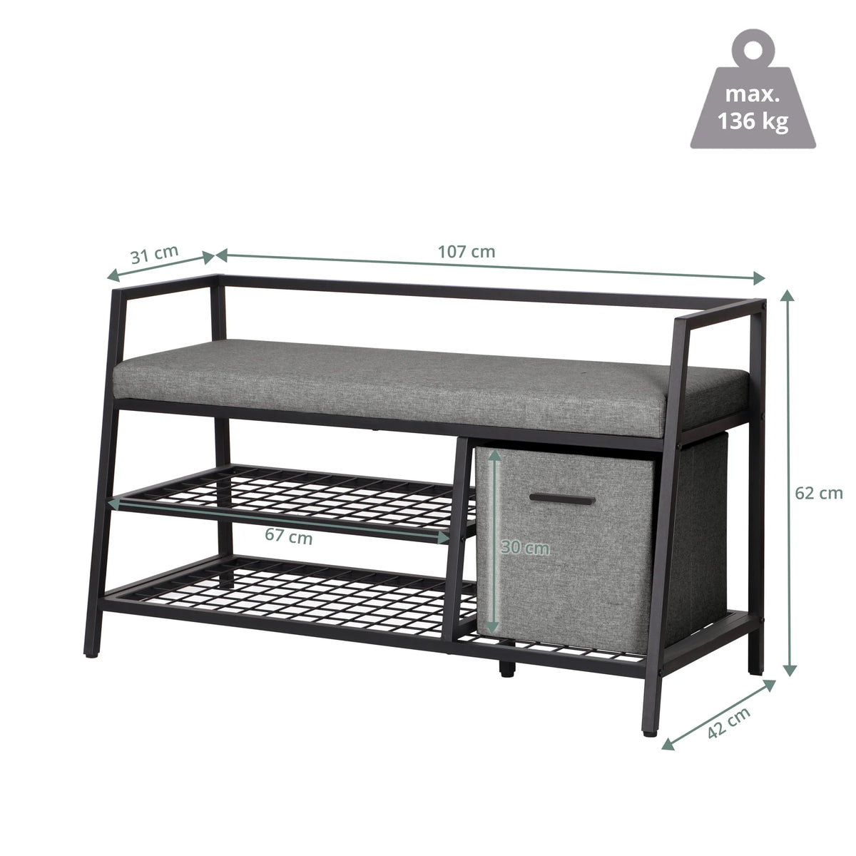 Dimensional drawing of the Shoe Cabinet Estha Loft with 107 × 62 cm and maximum load capacity of 136 kg by hjh LIVING