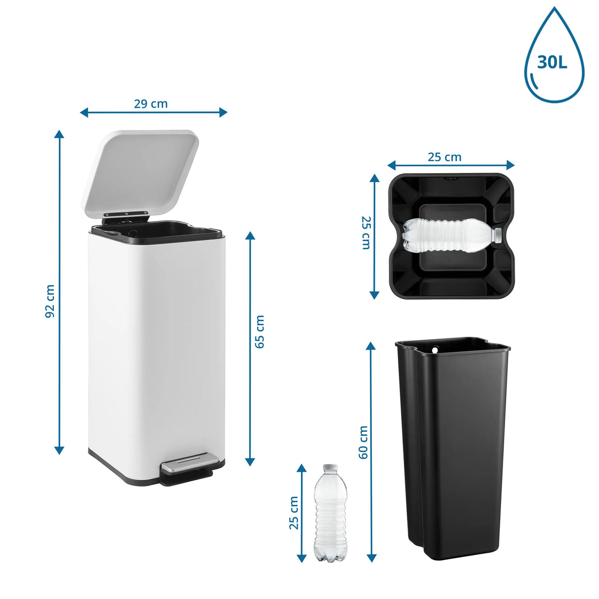 Technical drawing of the wastepaper Clean Square with a height of 92 cm and a volume of 30 l by hjh OFFICE