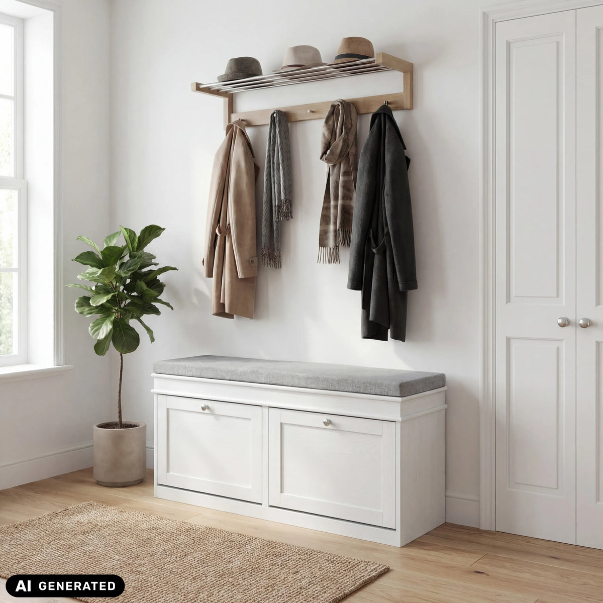 White Estha 11 shoe cabinet with grey seat and coat rack above by hjh LIVING (AI-generated image)
