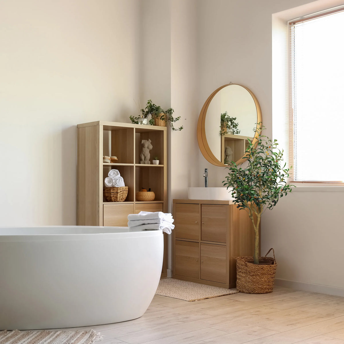 Green artificial plant OLIVE II in a woven basket next to a bathroom washbasin by hjh OFFICE