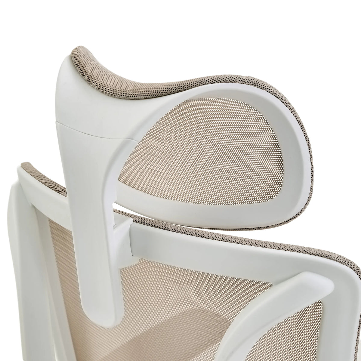 Headrest with beige mesh cover and white frame of the Professional Office Chair ERGOMY W by MyBuero