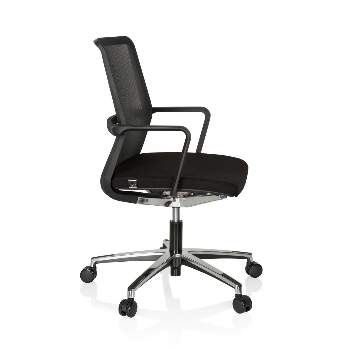 Black Professional Office Chair MOVE-TEC NET 3D with mesh back and a five-caster base by hjh OFFICE – 360-degree view (side profile 80°)