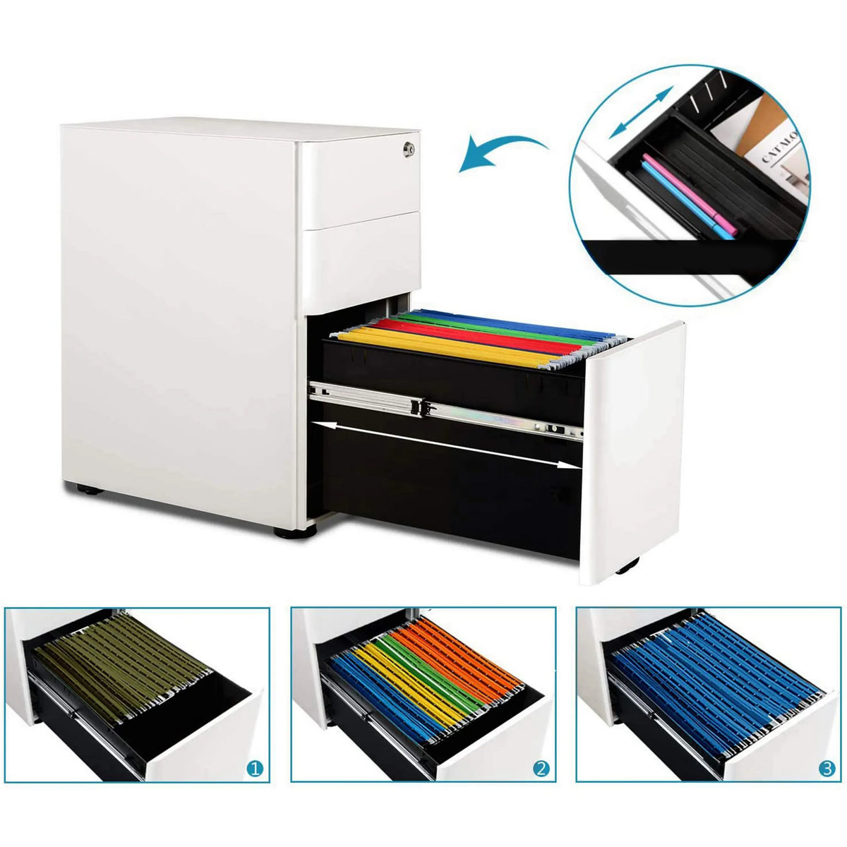 Pull-out drawers with various ring binders of the Mobile Drawer Unit COLOR I by hjh OFFICE