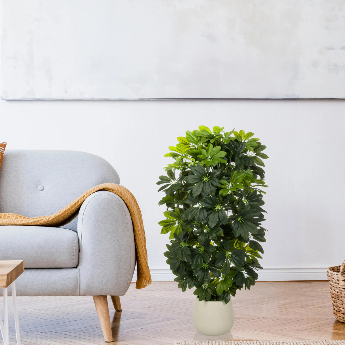 Green artificial plant Schefflera 2 in a simple white pot by hjh OFFICE