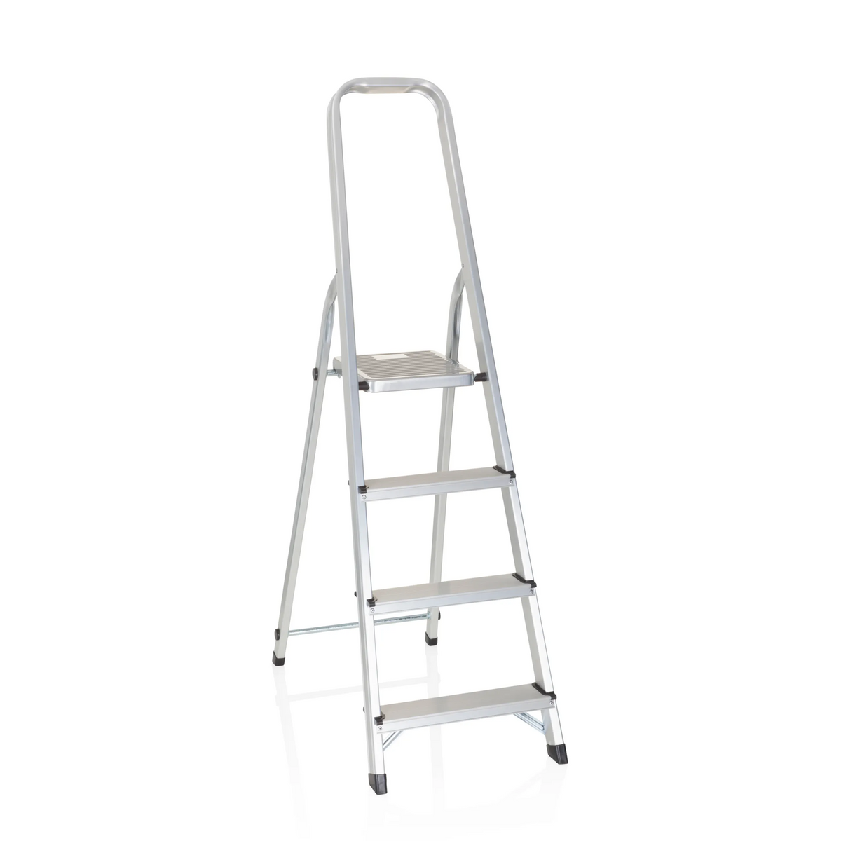 Silver Folding Ladder SOLID II made of aluminium with four steps and handle by hjh OFFICE – 360-degree view (front view 20°)