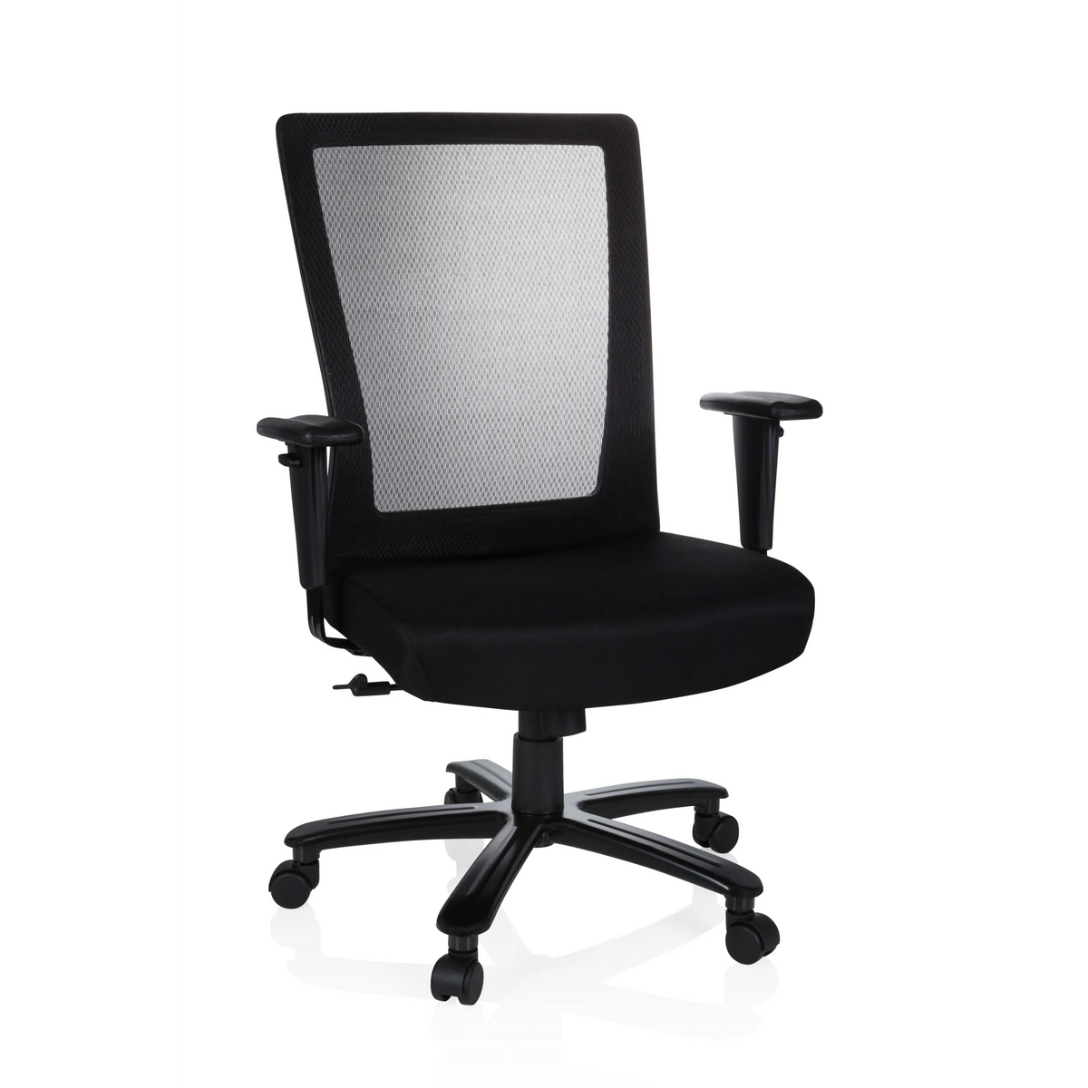 Black Swivel Chair XXL EXTENDER with mesh back and five-caster base by hjh OFFICE – 360-degree view (front view 20°)