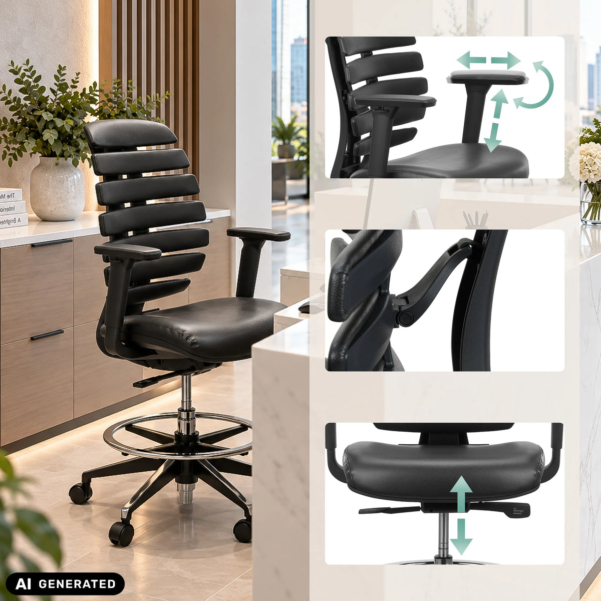 Adjustable armrests and seat height of the ERGO LINE II WORK counter chair by hjh OFFICE (AI-generated image)