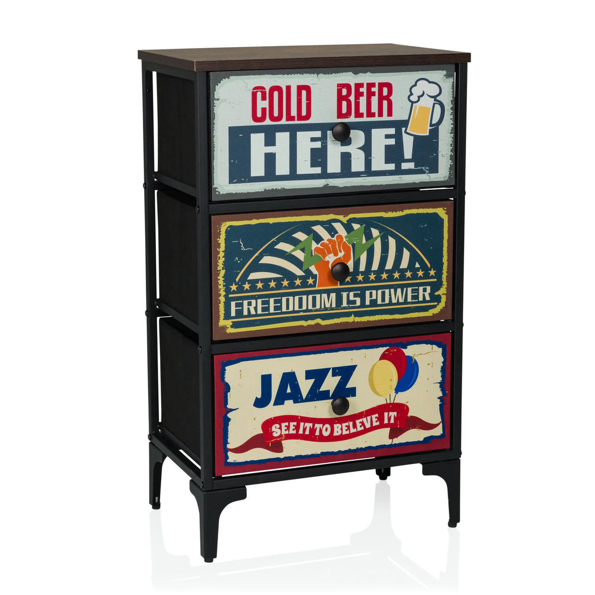 Chest of drawers AMERIKO S with three patterned drawers in vintage look and black frame by hjh LIVING – 360-degree view (front view 15°)