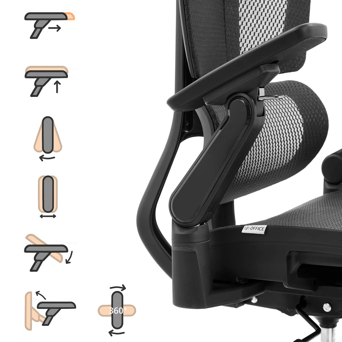 Multi-adjustable armrest of the Professional Office Chair Ergo U2 Pro3 with schematic function graphics by hjh OFFICE