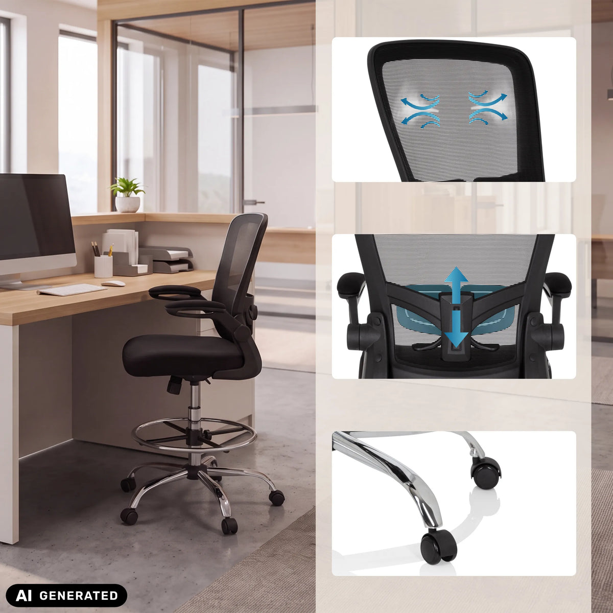 Counter chair VENDO WORK in black with detailed views of the backrest and castors by hjh OFFICE (AI-generated image)
