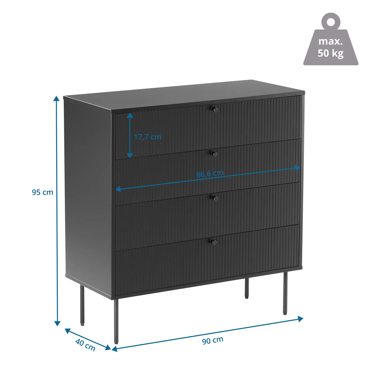Maßzeichnung der Kommode KARBY K mit 90 × 95 cm und einer Traglast von 50 kg von hjh LIVING