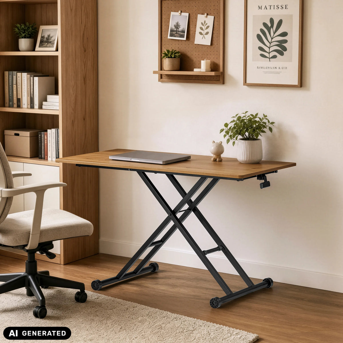 Height-adjustable desk Worktime Lift in oak and black with X-frame and laptop by hjh OFFICE