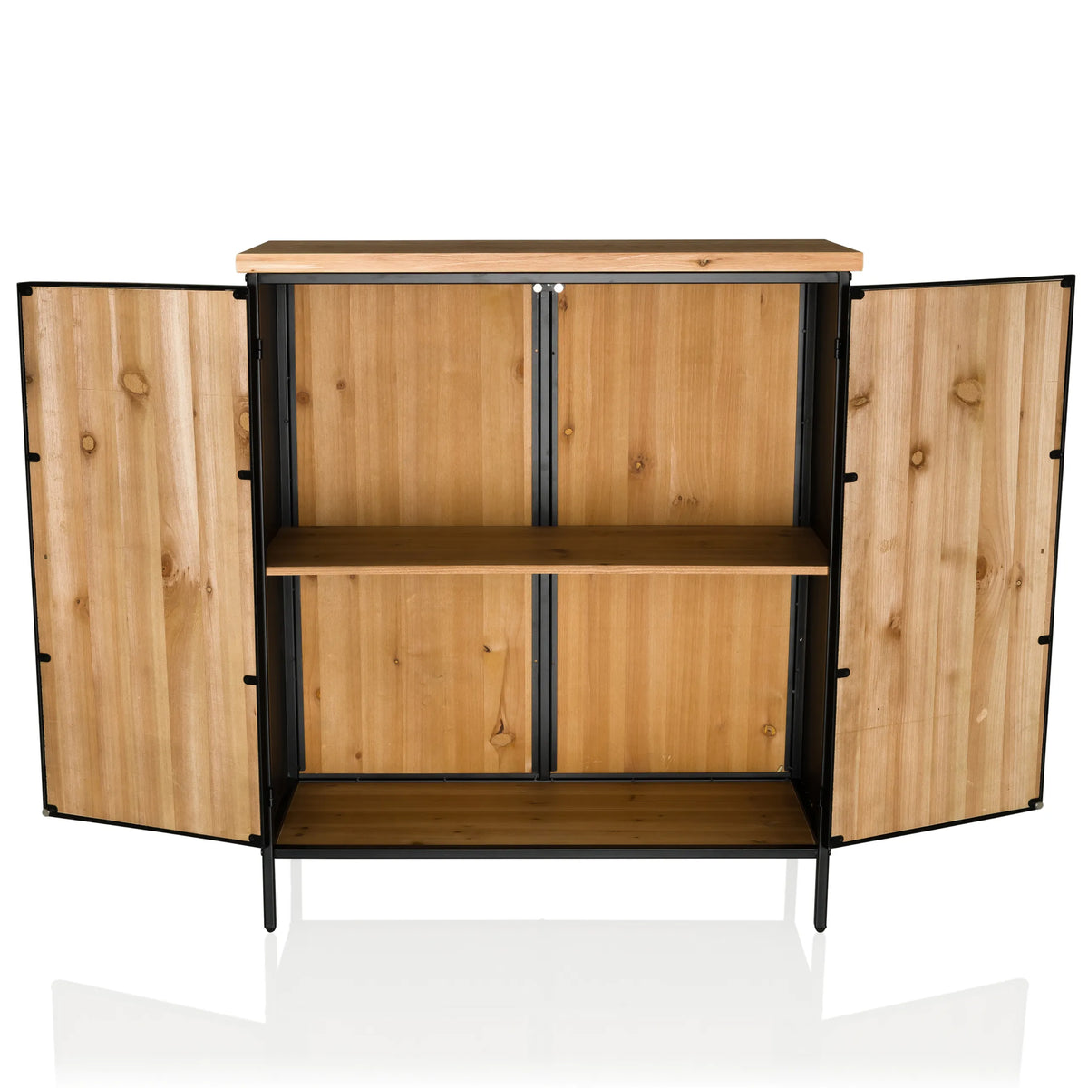 Open compartment with a shelf of the SANTJAGO BLACK SUN XL Chest of drawers in wood look with black frame by hjh LIVING