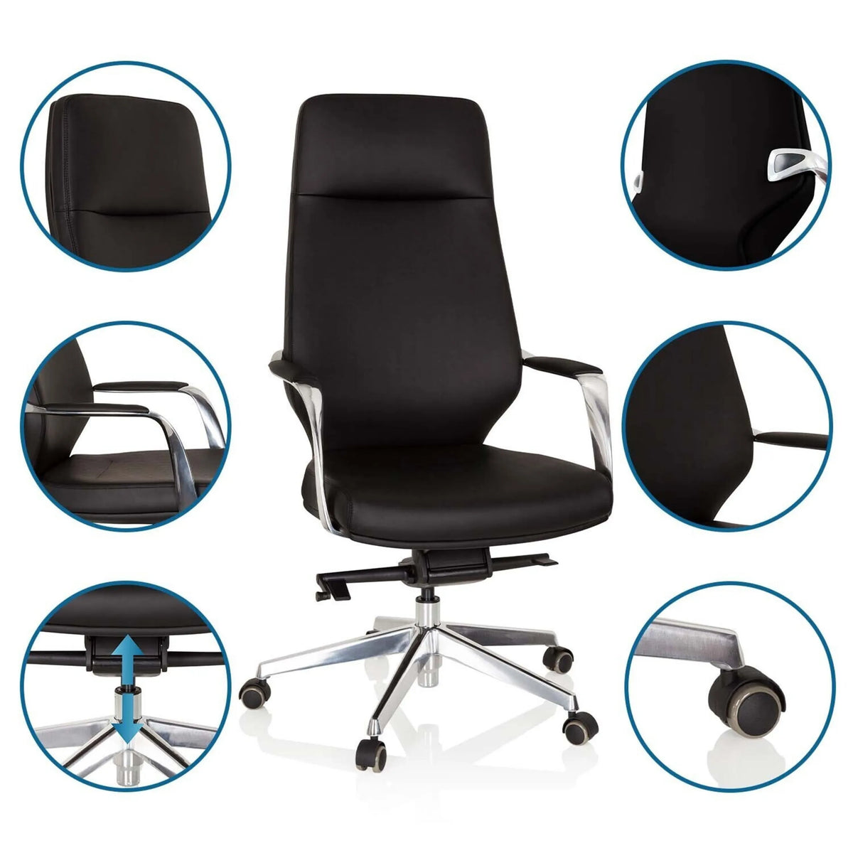 Schwarzer Profi-Chefsessel VELVET mit Detailansichten der Armlehnen, Gasfeder und Rollen von hjh OFFICE