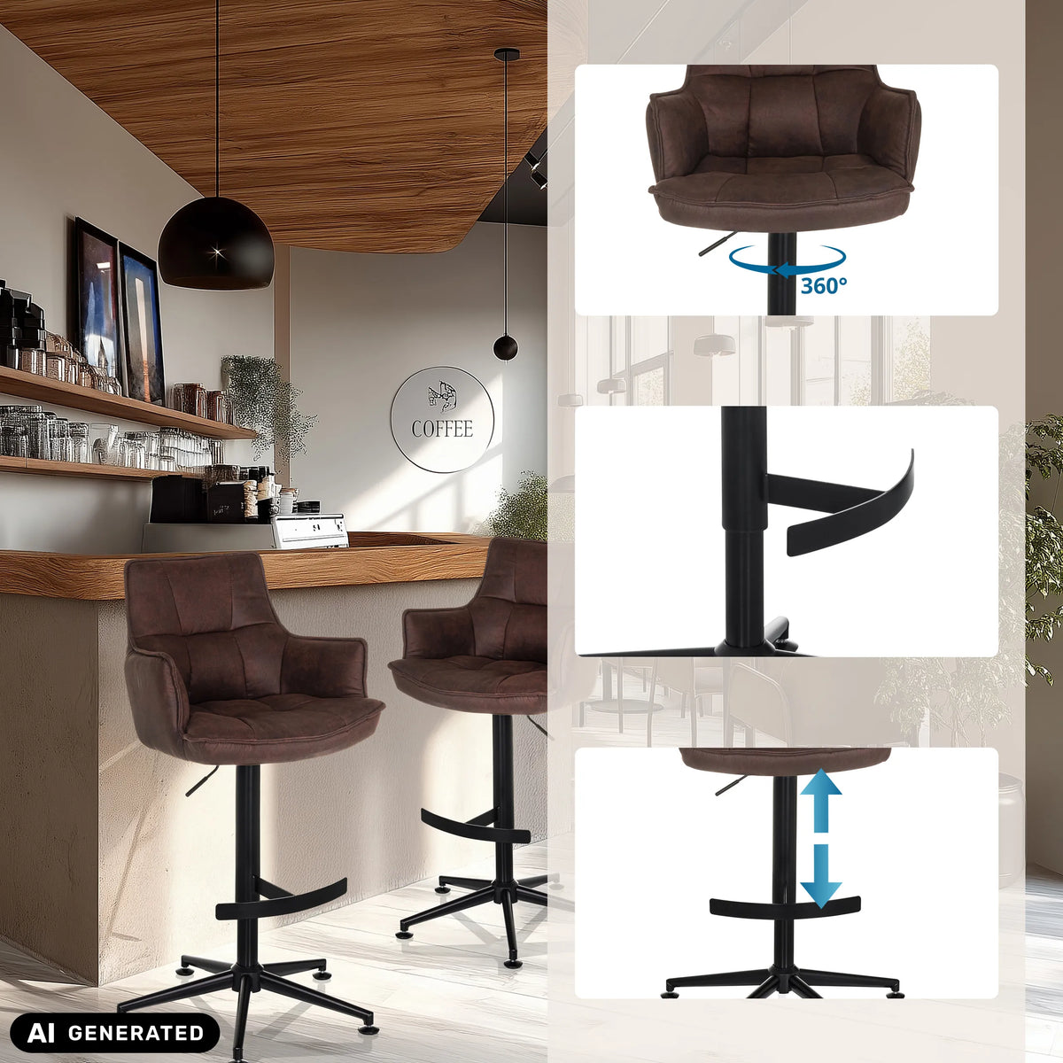 Brown SOLAO LIFE HIGH bar stool with gas lift, footrest and 360-degree swivel function by hjh LIVING (AI-generated image)