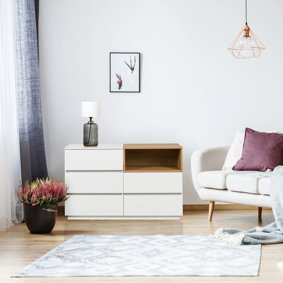 Sideboard MELMO S in white and oak with three drawers and an open shelf by hjh LIVING