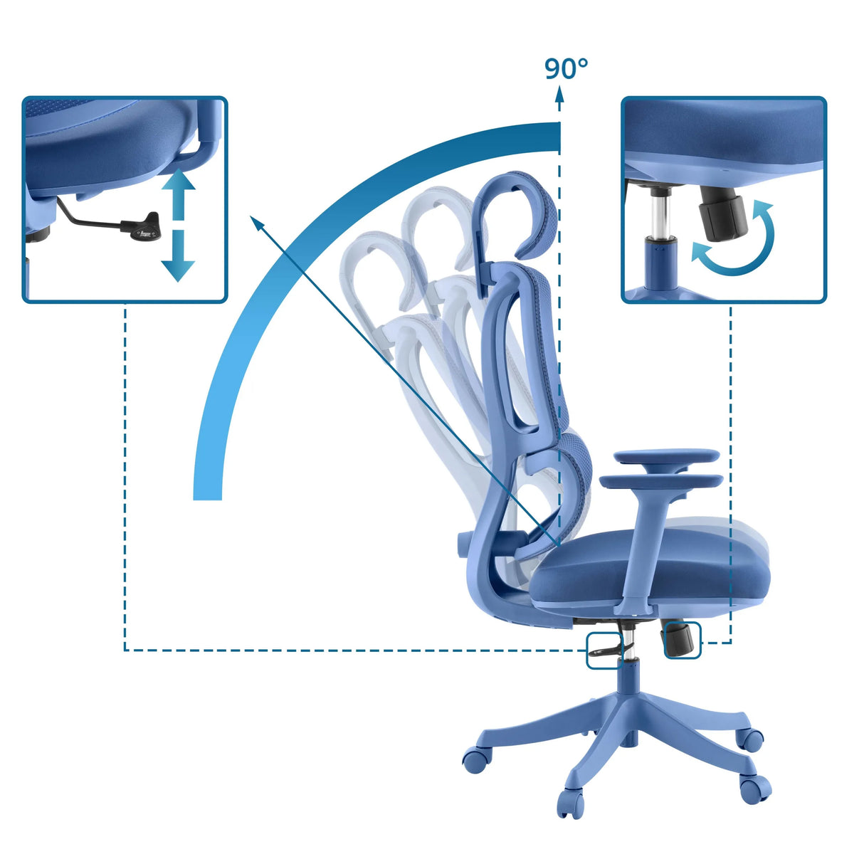 Adjustable backrest with 90 degree tilt angle of the Home Office Chair Ergomy Colore by MyBuero