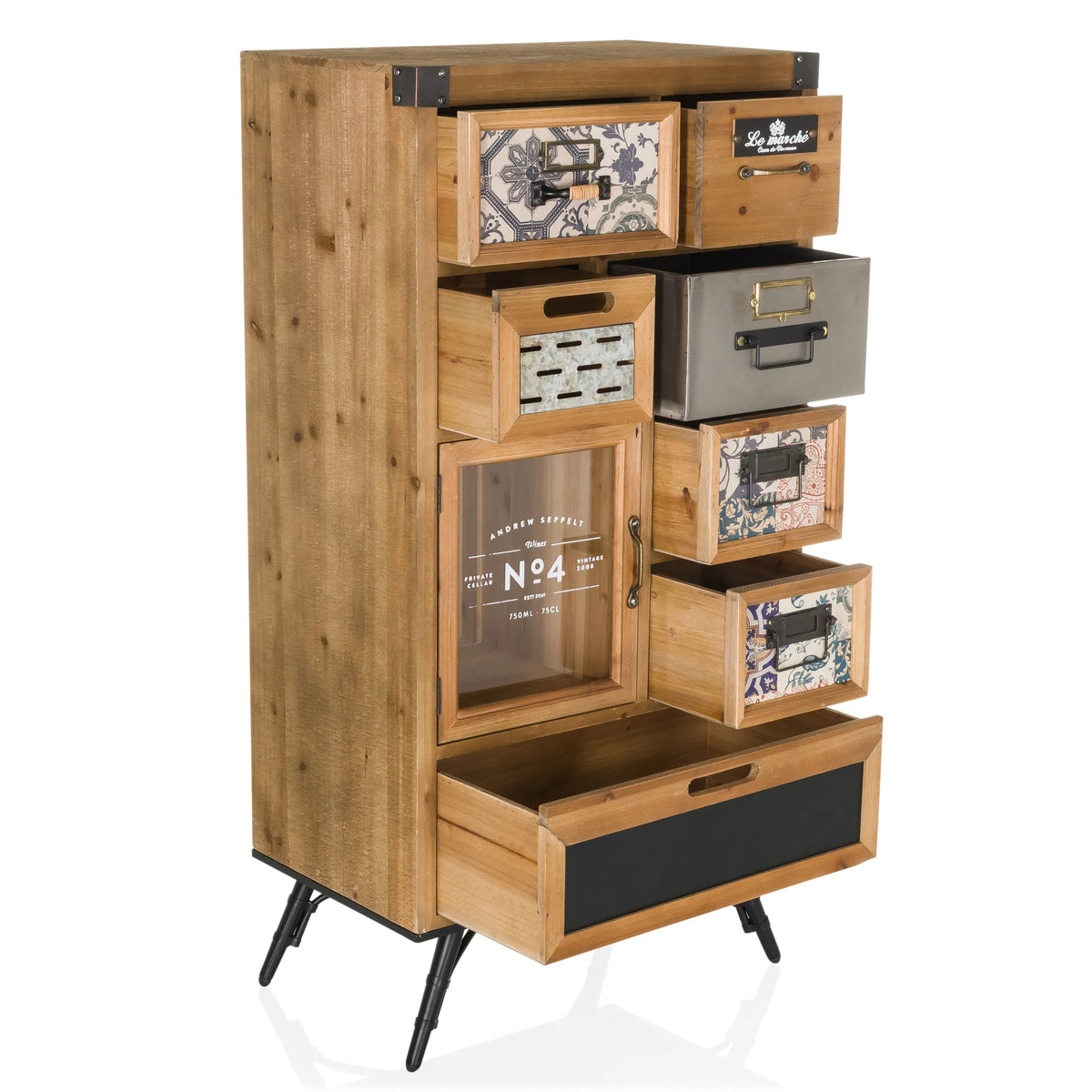 Sideboard CONTINENTO S in wood look with various drawers, a glass cabinet and black legs by hjh LIVING