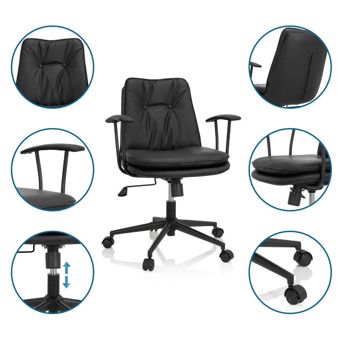 Black Home Office Chair SMALLO with detailed views of the backrest, armrests and castors by hjh OFFICE