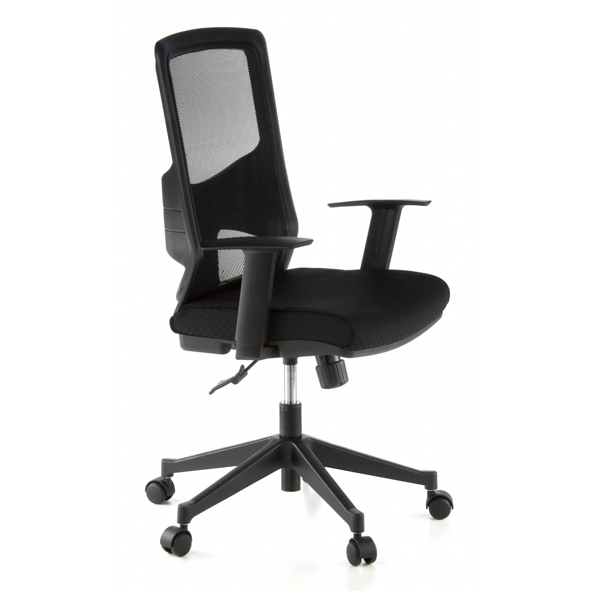 Black Professional Office Chair LAVITA with mesh back and five-caster base by hjh OFFICE – 360-degree view (front three-quarter view 60°)