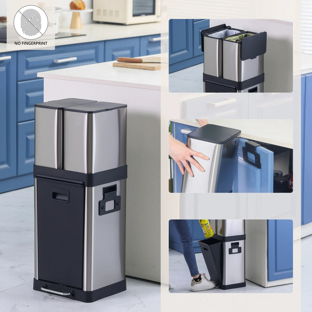 Wastepaper CLEAN 3 in silver with foot pedal and two compartments for waste separation by hjh OFFICE