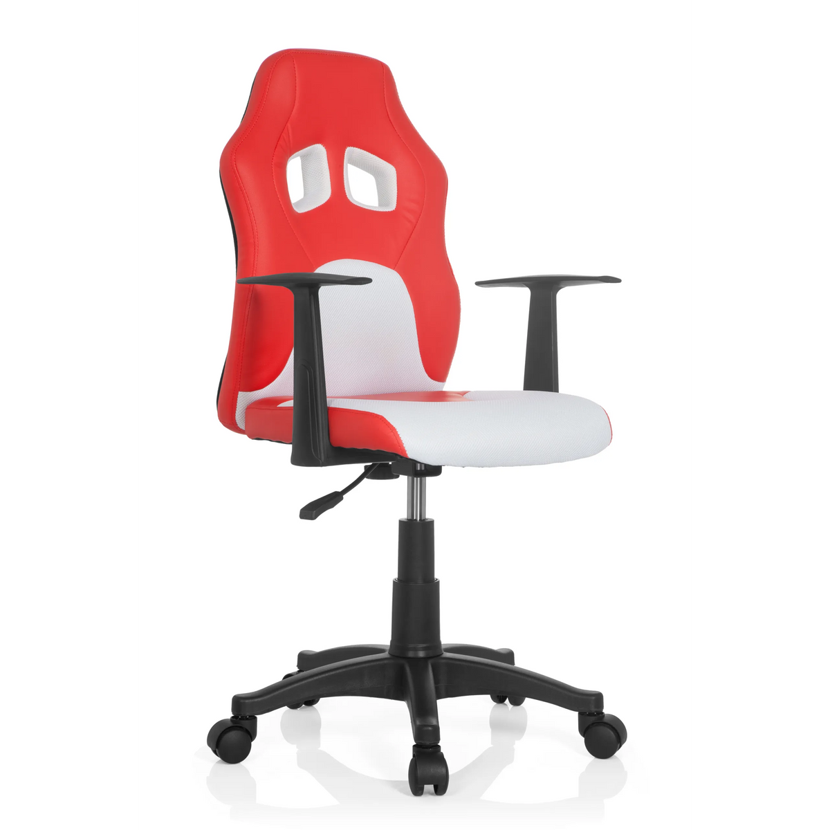 Red and white TEEN GAME AL swivel chair for children with armrests and black five-caster base by hjh OFFICE – 360-degree view (front three-quarter view 40°)