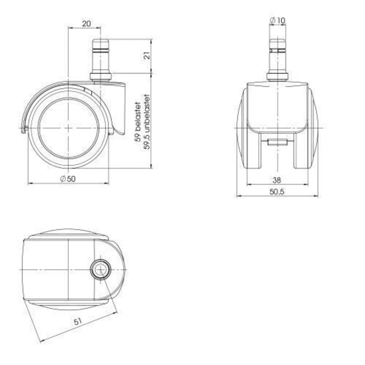 Technical drawing of the 50 mm diameter castors 5x ROLO EASY 10mm/50mm by hjh OFFICE