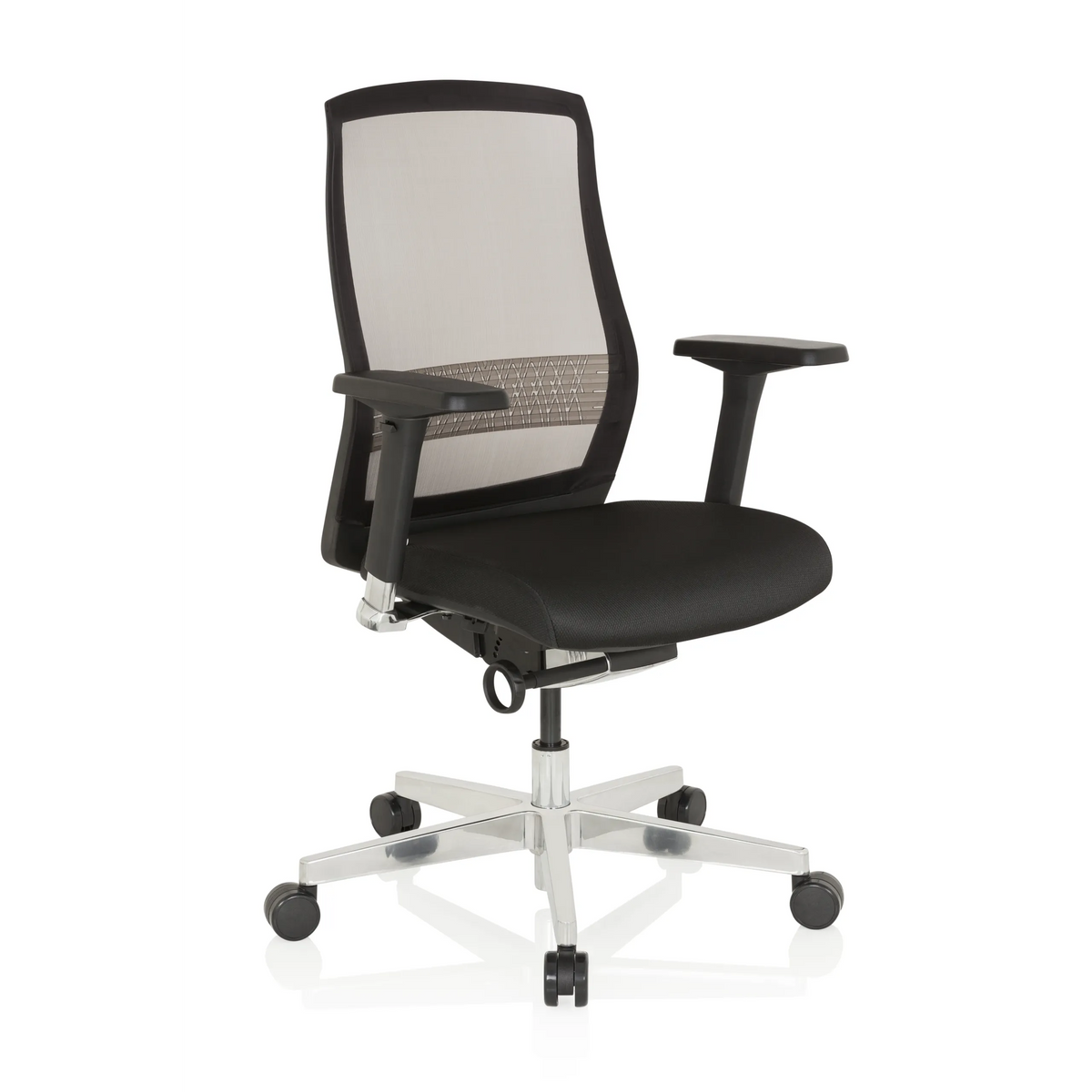Black High End Office Chair FOUNTAINE with mesh back and five-caster base by hjh OFFICE – 360-degree view (front three-quarter view 40°)