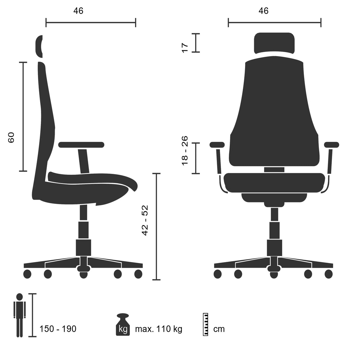 Technical drawing of the Professional Office Chair CAYEN with a width of 46 cm by hjh OFFICE